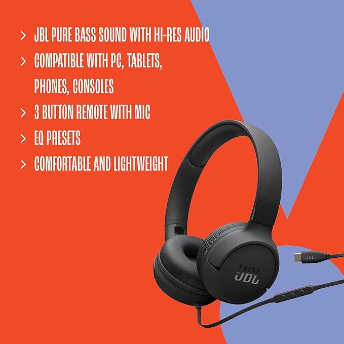 JBL Tune 520C - USB-C Wired on-Ear Headphones with Hi-Res Audio Support, JBL Pure Bass Sound, Comfort fit, USB-C connectivity, 3-Button Remote with Microphone and EQ presets Control (Purple)