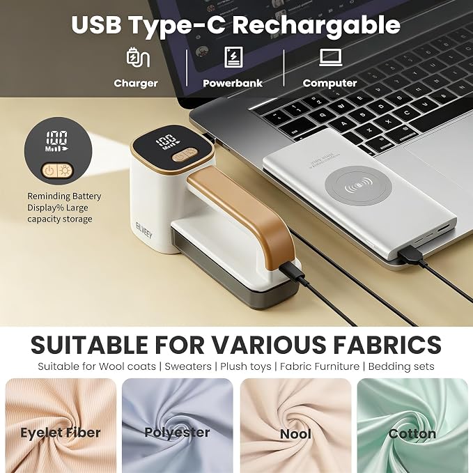 EiLVEEY Rechargeable Lint Remover, Fabric Shaver Fuzz Remover, Sweater Shavers with 6-Leaf Blades, 3-Speeds Digital LED Display to Remove Pilling for Clothing and Furniture, Lint Ball, White