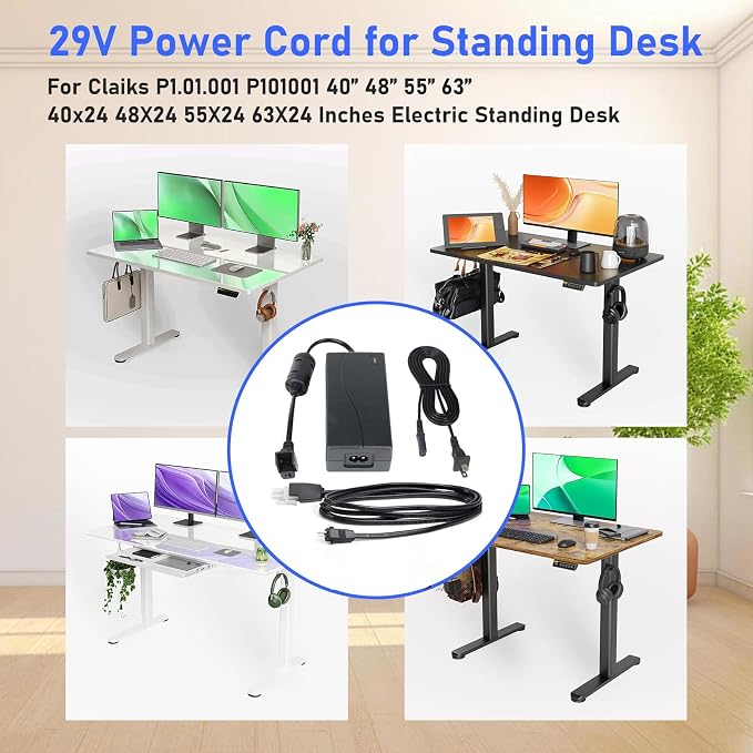 Power Adapter 2-Pin for Claiks P1.01.001 P101001 40" 48" 55" 63" 40x24 48X24 55X24 63X24 Inches Electric Standing Desk Adjustable Height Stand up Desk YH-K290018-C Power Supply Cord Charger PSU