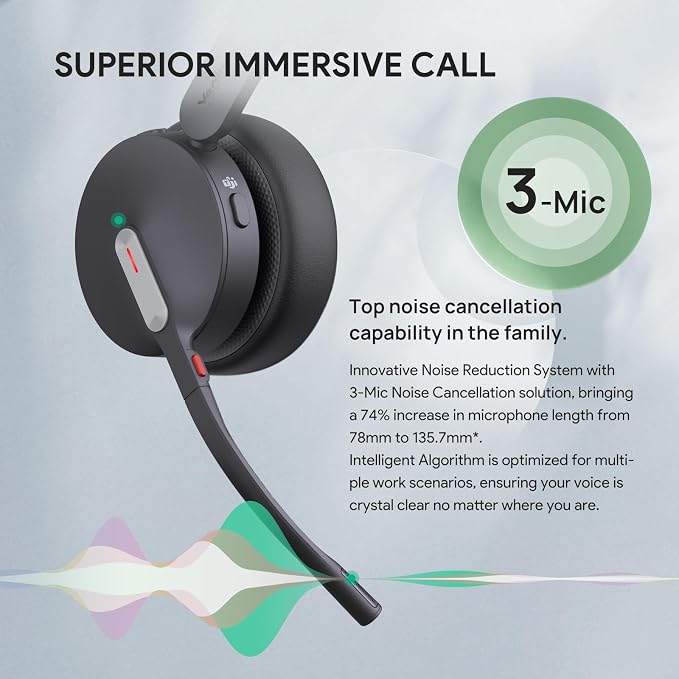 Yealink BH70 Mono Wireless Headset with AI Microphone Sound Isolation for WFH Open Office Worker, 35h Talking, Native Bluetooth Certified via Microsoft Teams, Compatible with Cisco Zoom Google, USB-A