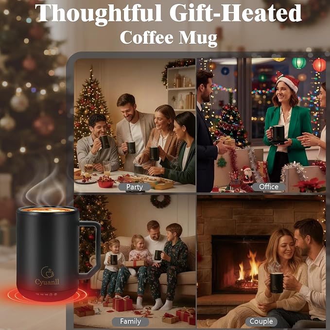 Upgraded Heated Coffee Mug with Auto Shut-Off Function,Self-Heating Temperature Control Mug with Lid and Spoon,Smart Mugs Warmer for Coffee,3 Temperature Settings,Gifts for Men and Women(Black-12 oz)