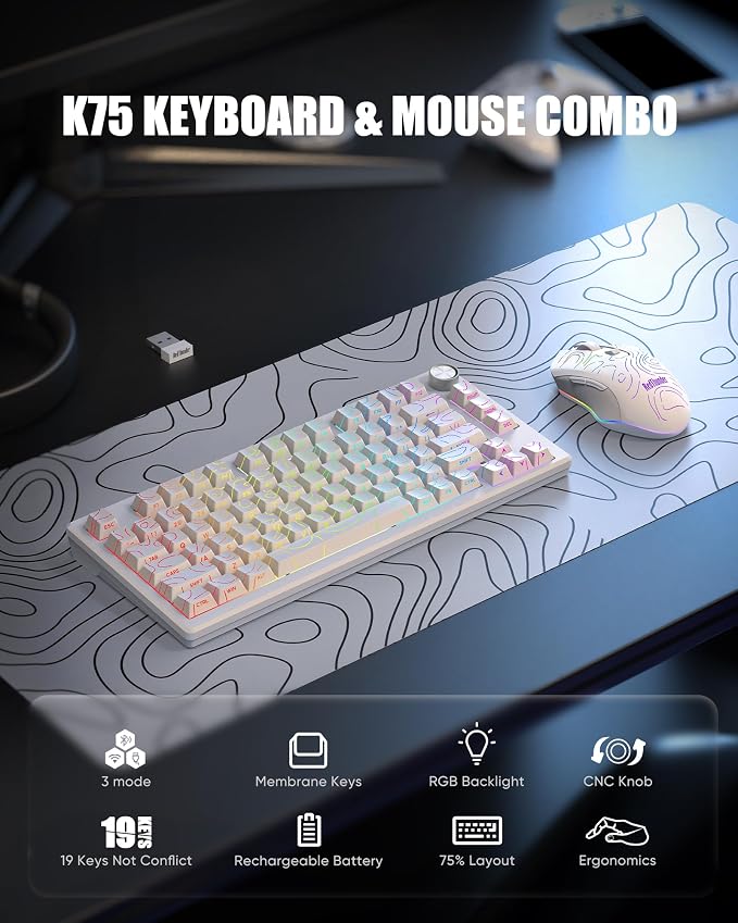 RedThunder K75 Wireless Keyboard and Mouse Combo,75% Membrane Side-Engraved Keyboard,Optical Gaming Mouse with 4800DPI,3 Modes(BT/2.4G/Wired),Dual System,RGB Backlit,Rechargeable Battery,Contour White