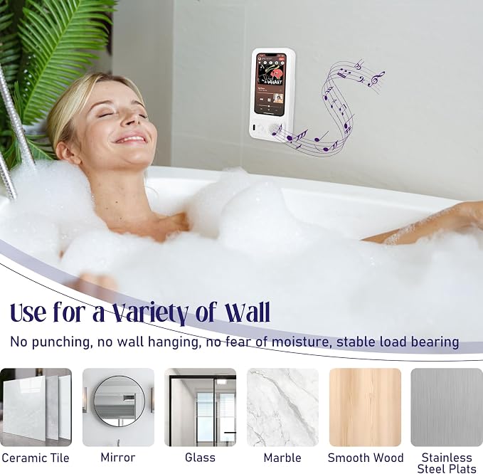 Shower Phone Holder with Wireless Bluetooth Speaker, Waterproof 480 Rotation Viewable Shower Phone Stand Case Mount Speakers for Bathroom Wall Mirro for 4"- 6.8" Cell Phones ,Gift for Mom(White)