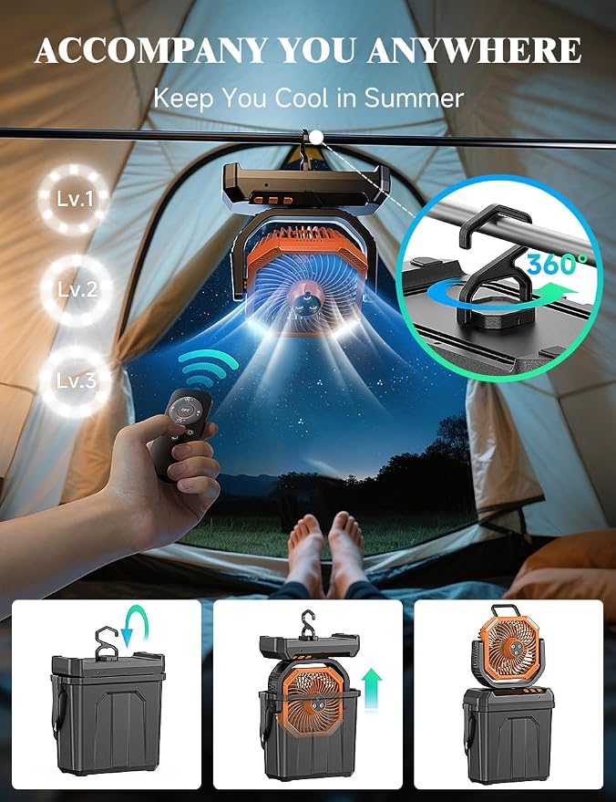 Portable Misting Fan for Outdoors Patios, 20000mAh Rechargeable, 6L Quiet Air Cooling with Remote, 4 Speeds, Spray, 30 dB Camping Fan for Bedroom, Office (Orange)