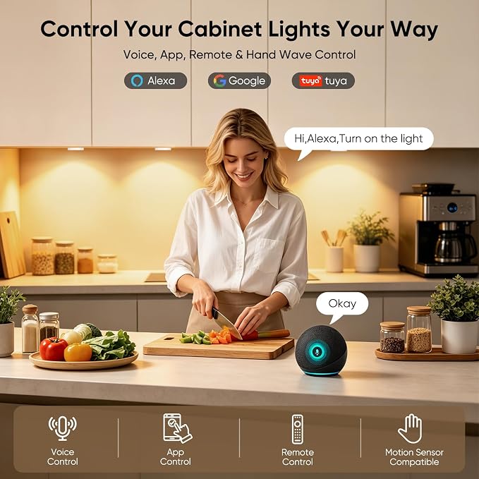 VST Smart Puck Lights, 6 Pack, 3000K-6000K Dimmable Under Cabinet Lighting, Compatible with Alexa & Google Home, App & Remote Control, 12V 2W, Recessed/Surface Mount, White for Kitchen Display Case