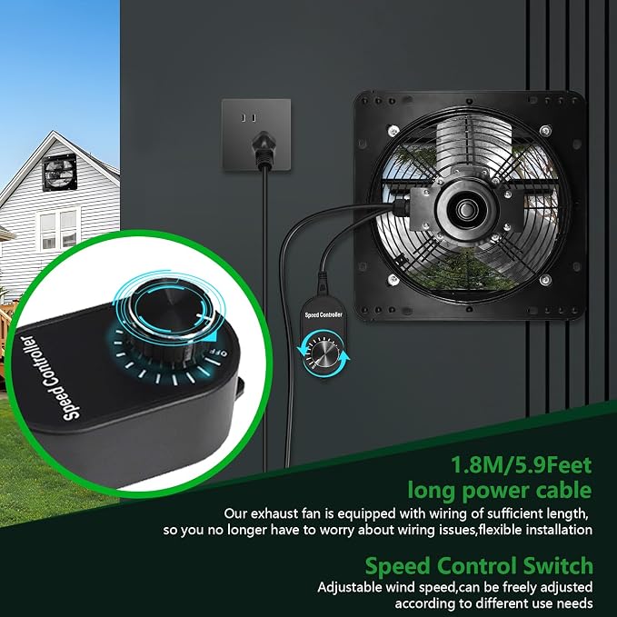 Shutter Exhaust Fan, 7 in Wall Mount Ventilation Fan w/Speed Controller Attic Vent Fan for Chicken Coops, Greenhouse, Gable, Barn, Garage, Shed Ventilator 576 CFM, 1700 RPM