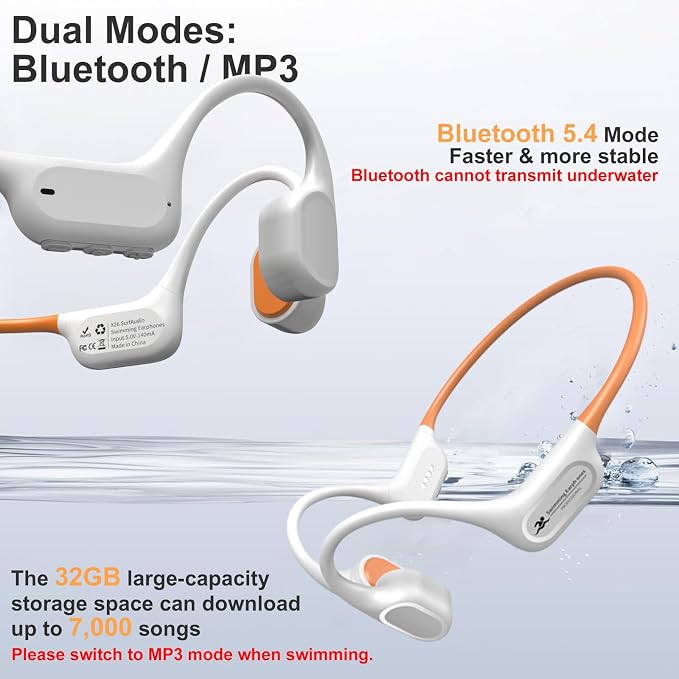 IP68 Waterproof Swimming Headphones, Bone Conduction Bluetooth 6.0 Headphones, Built-in 32GB MP3 Player, Soft Lightweight Open-Ear Design for Swimming Marathons Showers Cycling(Cream Orange