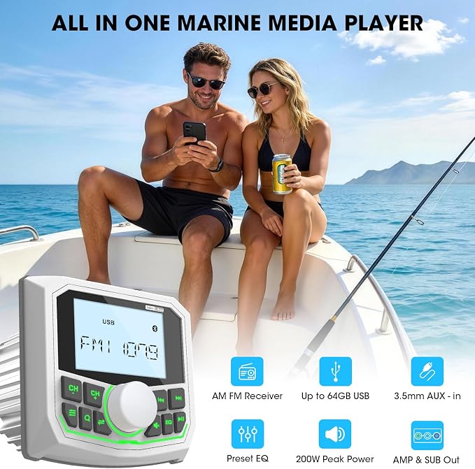 Marine Boat Radio Bluetooth Receiver – Gauge Style Marine Stereo Media System - 2.8 Inch LCD Display AUX USB AM FM Pre-Amp Subwoofer for UTV ATV RZR Golf Cart Spa Hot