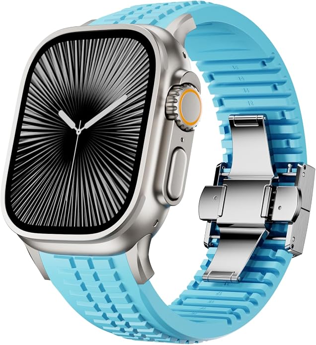 Silicone Watch Band Compatible with iWatch Ultra 2 / Ultra/Series 10 9 8 7 (44mm 45mm 46mm 49mm), Sport bands with Folding buckle, Rugged Heavy Duty Modern Design for Men