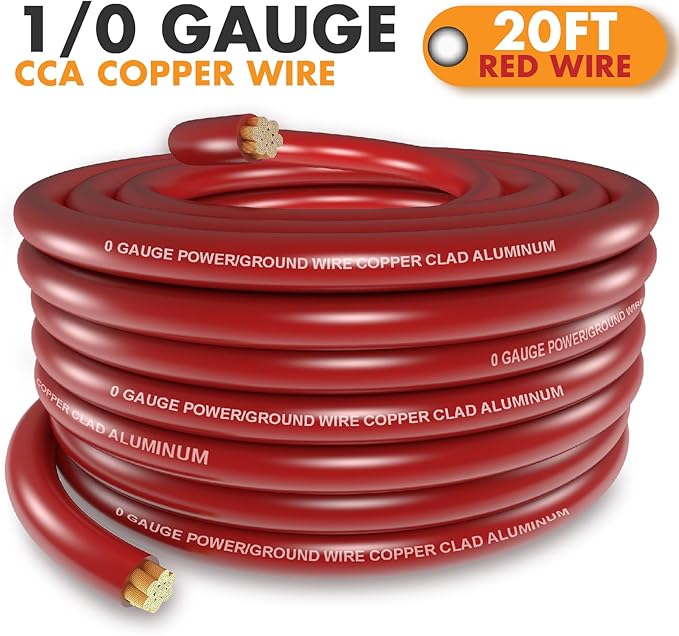 Jeemiter 1/0 Gauge Wire CCA Copper Clad Aluminum (20FT Red) - Battery Cable,Power/Ground Cable for Car Amplifier,Big 3 Upgrade,Auto with Lug Terminal Connectors & 3:1Heat Shrink Tubing