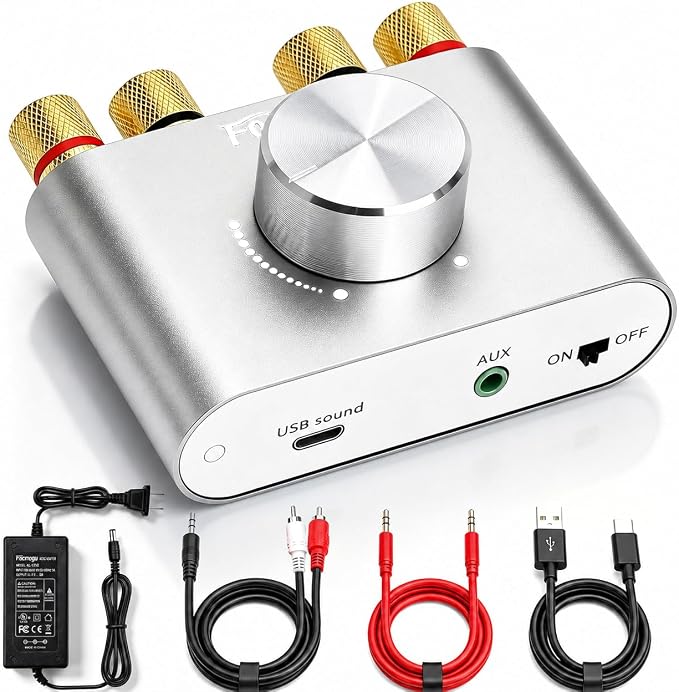 Facmogu F900S 160W Bluetooth 5.0 Mini Amplifier, 80Wx2 2.0CH Audio Power Amplifier, Hi-Fi Stereo Sound Digital Amp Wireless Speaker Amp Receiver w/AUX/USB/BT Input & 12V 5A Power Adapter - Silver