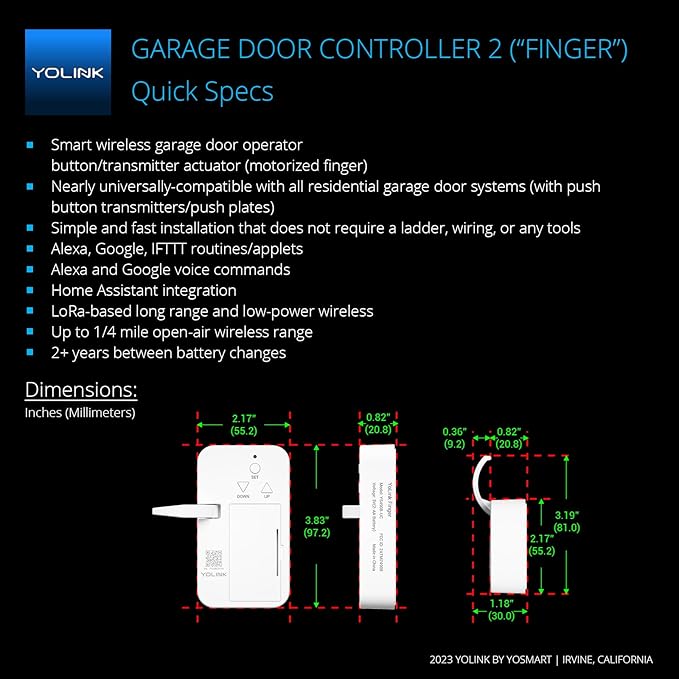 YoLink Finger - Remote Control Existing Garage Door Opener, 1/4 Mile World's Longest Range Garage Door Operator Controller, YoLink Hub Required