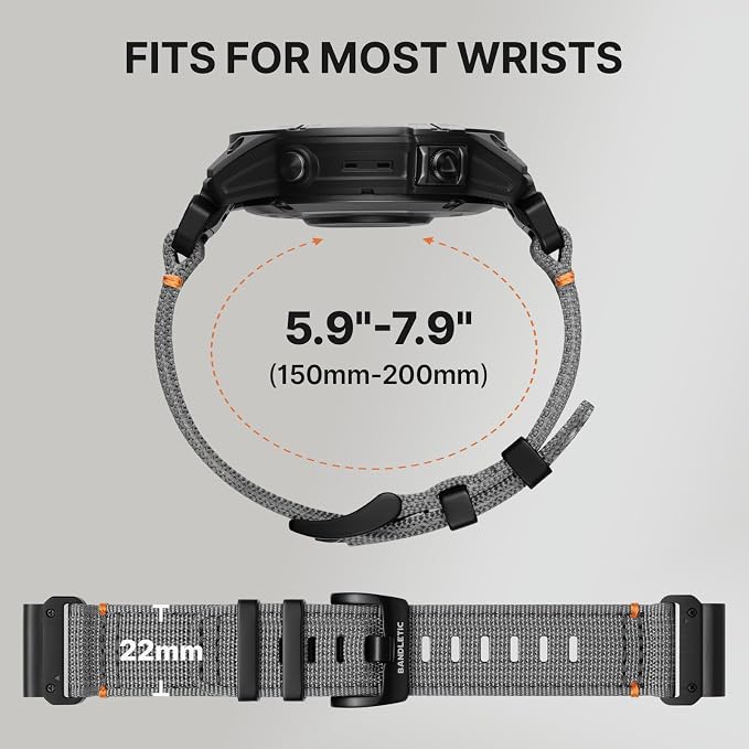 Bandletic Quick Fit 22mm Watch Band Compatible with Garmin Fenix 8 47mm Band - Tactical Strap for Fenix 7 6 Pro/5 Plus/Instinct 3 E 45mm 2/Forerunner 965/955/945 /Approach/Descent G2 G1/Quatix/Tactix8