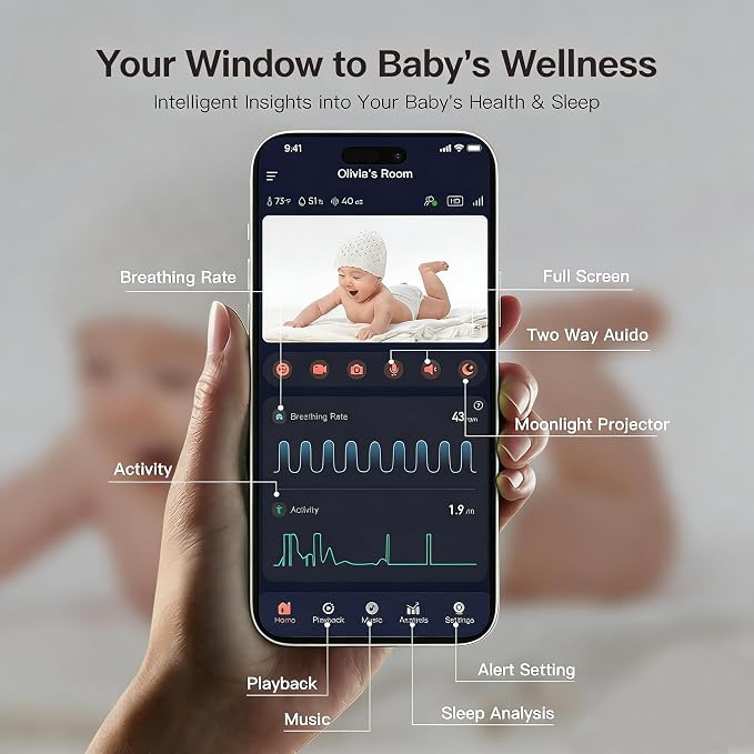 iBaby i20 Contactless Baby Monitor: Track Live Health Data, Sleep, Movement - Wellness Baby Monitor with Floor Stand - 1080p WiFi Camera, Night Vision, 2-Way Audio, Cry and Safety Alerts