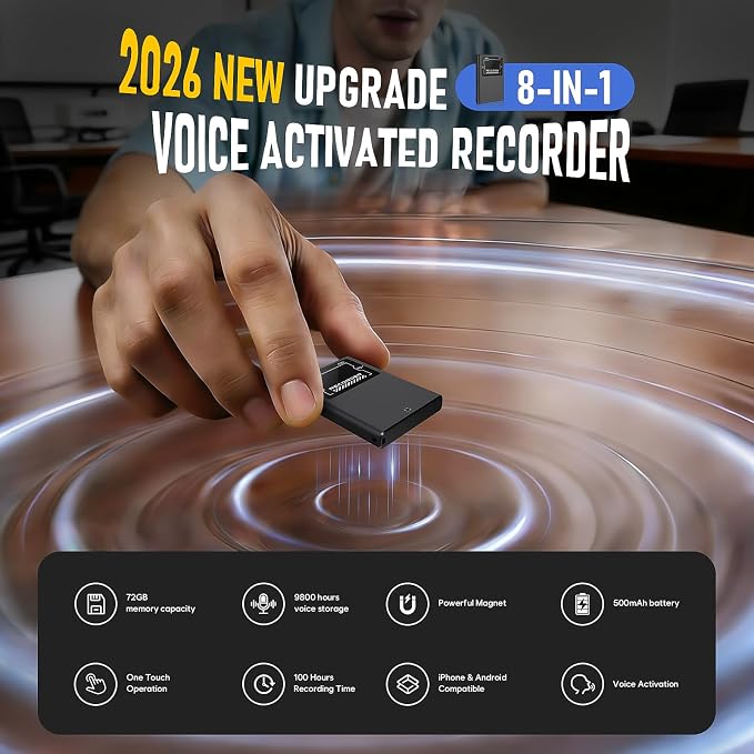 72GB Magnetic Voice Activated Recording Device - BUKUCCETA (9800 Hour) Digital Voice Recorder with AI Noise Reduction, Portable Audio Recorder for Lectures, Meetings, and Interviews