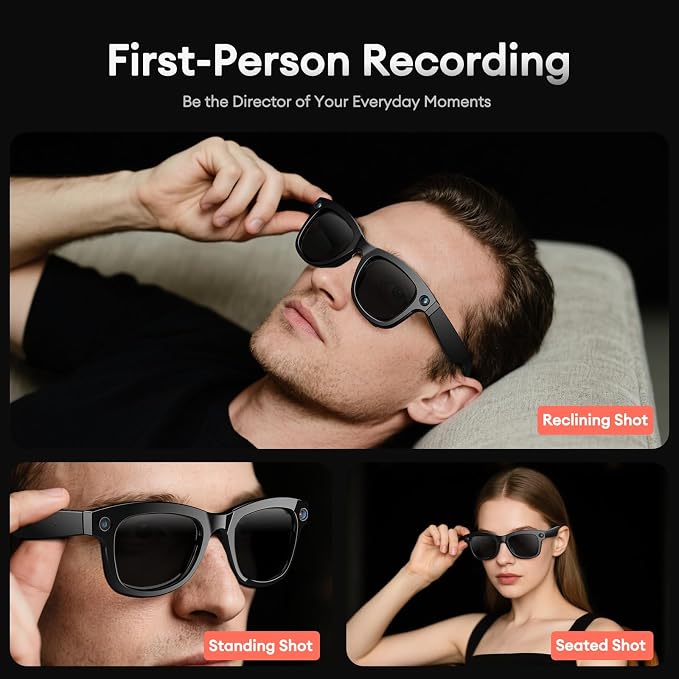 QxzPower 1080P HD AI Smart Camera Glasses, 8MP Camera Bluetooth 5.4 Recording Glasses, Dual Mic ENC Noise Reduction, Blue Light Filtering Lenses, Video Glasses with Men and Women, M01Pro Black