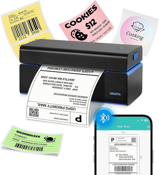 ORGSTA Bluetooth Thermal Shipping Label Printer: Wireless Computer Connection with Bluetooth Dongle, 4x6 Label Maker for Small Business, Compatible with iPhone, Android, Windows, Mac, Linux & Shopify
