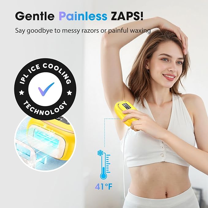 IPL Laser Hair Removal Device for Women & Men - Home 45°F Ice-Cooling Contact for Painless & Long-Lasting Results, 86% Hair Reduction in 3 Weeks for Full Body & Bikini Line, Yellow