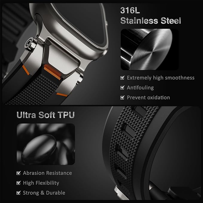 ULTIMAL Rugged Band for Apple Watch Ultra 3/2/1 49mm, Series 11/10/9/8/7/6/5/4 SE 46mm/45mm/44mm, Waterproof, Soft TPU Strap with Stainless Steel Buckle & Connectors, Sweat-Resistant, Easy to Clean, Fits 155-225mm Wrist (Titanium/Black)
