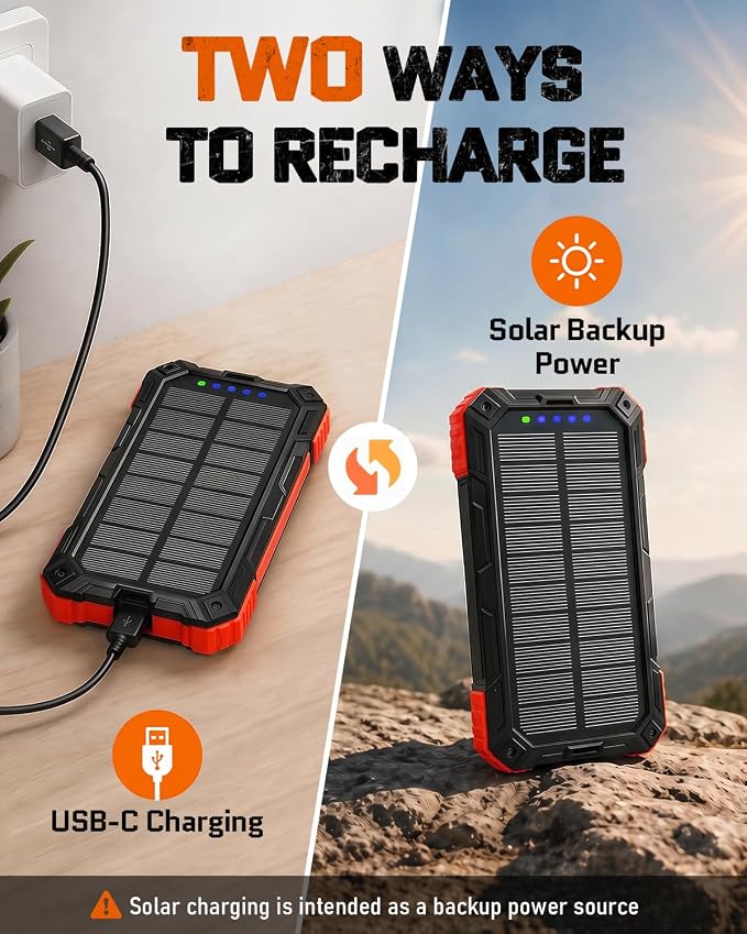 Solar Charger Power Bank - 49800mAh Solar Phone Charger with USB-C in/Output, QC 3.0 Fast Charging with LED Flashlight, Built-in 4 Cables, IP65 Waterproof Fits for Outdoor (Flash Red)