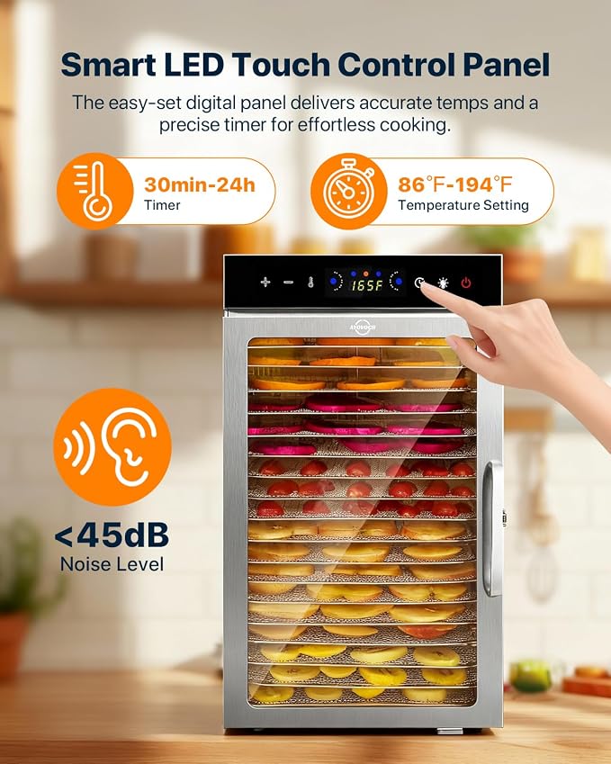 Food Dehydrator Machine 18Tray, 800W Dual Fan Fast Drying, 24H Timer, 86-194℉ Control, Noise Below 45dB, LED Panel, Stainless Steel Dehydrators for Food and Jerky Herb Meat Fruit, Rectangular