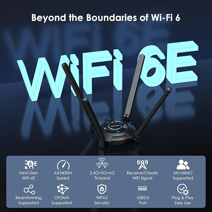 WAVLINK AX5400 USB WiFi 6E Adapter for PC, Tri-Band USB3.0 WiFi Adapter for Desktop PC Laptop, Wireless Adapters with 4x5 dBi,Antennas, 6G/5.8G/2.4G, OFDMA, WPA3, WiFi Dongle for Windows 11/10 ONLY