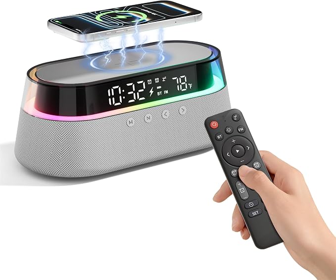 6-in-1 Bluetooth Speaker Alarm Clock with Remote, 15W Fast Wireless Charger, FM Radio & Dimmable LED Night Light, Dual Digital Clock for Bedroom Home Office, Ideal Gifts for Him, Men Women