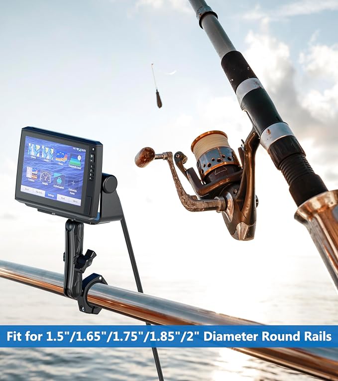 VAZESWIN Aluminum Alloy 1" Ball Fish Finder Mount, 5.9" Long Arm Marine Electronic Mount with Bar Clamp Base, Fit 1.5" 1.65" 1.75" 1.85" 2" Round Rail, for Garmin, Lowrance, Humminbird, Raymarine