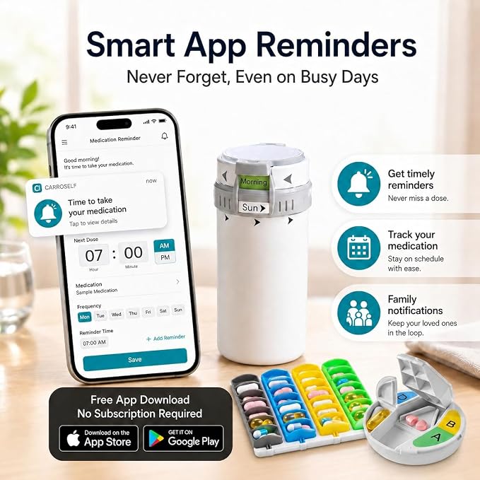 Pill Dispenser with App Reminder – Full Set Easy-to-Use Vitamin Dispenser with 4 Daily Doses, Large Medication Bottle Organizer with to-Go Box, Pill Cutter & 4 Extra Cartridges | No Batteries Needed