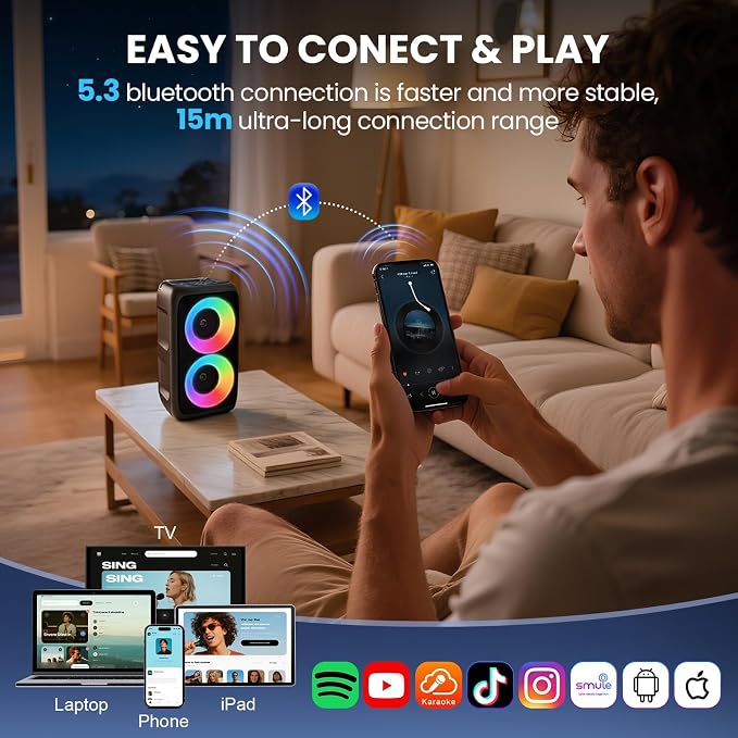 Bluetooth Speaker with 3 Wireless Microphones，Portable Party Speaker for Adults & Kids with Lights,Speakers Bluetooth Wireless，Floorstanding Speakers Support TWS/AUX/USB/TF Card for Home Party Gift