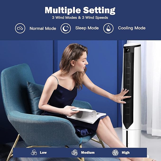 Hysache 3-in-1 Evaporative Air Cooler Humidifier, Portable Bladeless Tower Fan with 9H Time, 3 Modes and 3 Speeds, Remote Control, Display, LED, Ideal for Bedroom, Living Room, Office, White
