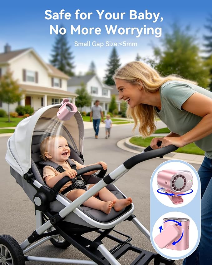 Clip-On Portable Fan with Ice Cooling, 20000 RPM Rechargeable Handheld Turbo Fan, 360° Rotating Detachable Clip, Mini Stroller Fan for Baby, Compact Travel Essentials, Summer Gifts for Women,Pink