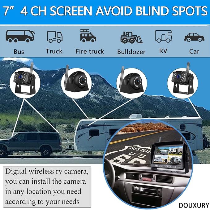 Wireless RV Backup Camera for Trailer Truck Camper Digital Rear Side View Cameras & HD 1080P 4 Splits 7" DVR Screen with Adapter for Furrion Pre-Wired IP69 Waterproof Night Vision 170° Wide View Angle