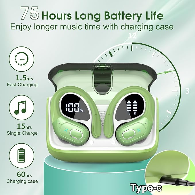 Wireless Earbuds 75hrs Bluetooth 5.4 Headphone Sport, 2026 Bluetooth Earbuds Stereo Deep Bass Over Ear Bud with Earhooks, ENC Noise Cancelling Mic, IPX7 Waterproof Earphone for Gym/Workout, Green