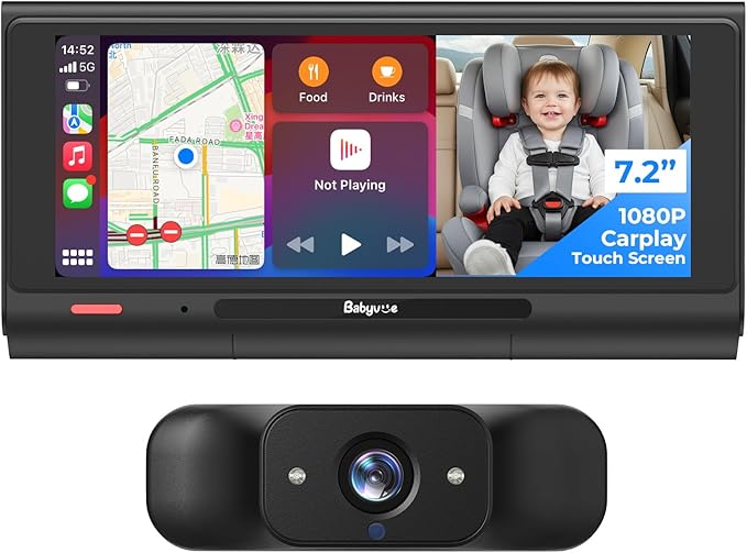Babyvue BV7 7.2" Baby Car Camera with Carplay Split Screen and Recording, 1080P IR Night Vision Car Baby Monitor, Foldable Stand, Sleep Mode, Easy Install & Quick Pairing for Safer Driving