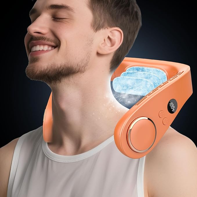 Neck Air Conditioner with Metal Cooling Plate, 5500mAh Batteries & LED Display, Silent Wearable Personal AC Unit, Bladeless Headphone Fan for Hot Flash Relief for Women Men Adults Outside, Orange