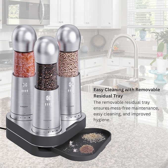 ICE ARMOR Electric Salt and Pepper Grinder, Set of 3 with Wireless Charging Base, Stainless Steel, Rechargeable Automatic Pepper Mill, Adjustable Coarseness, Easy to Use & Clean, Perfect Kitchen Gift