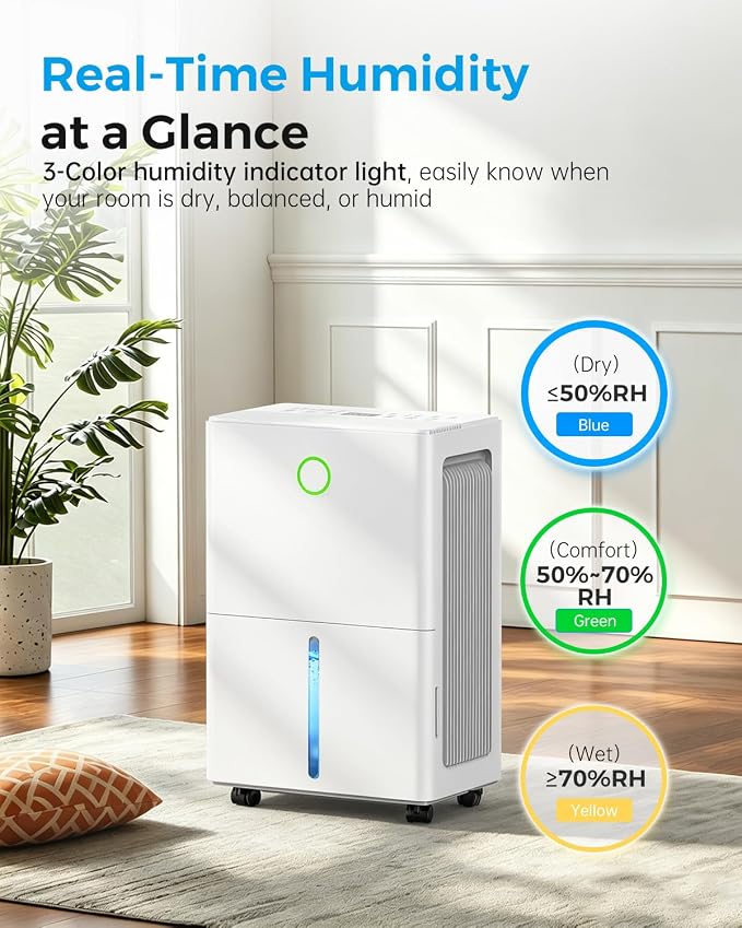 Dehumidifier for Basement with Drain Hose, Dehumidifiers for Home | 30 Pint, 2000 sq ft Coverage, Auto Humidity Control, 24H Timer, Child Lock, Washable Filter, For Bedroom Bathroom, White