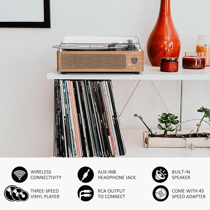Vintage Record Player for Vinyl with Speakers Retro Turntable BT Wireless Bluetooth LP Phonograph Belt-Driven Turn Table Support 3-Speed 3 Size Headphone AUX-in RCA Wooden Grain Light Brown