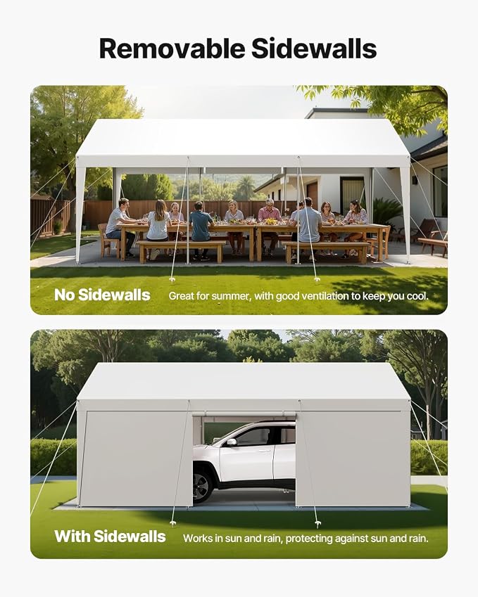 VEVOR Carport, 12 x 20 FT Outdoor Car Canopy, Potable Carport with Removable Sidewalls & Door, Heavy Duty Car Shelter, UV-Resistant & Water-Resistant, All-Season Protection for Automobile Boat White