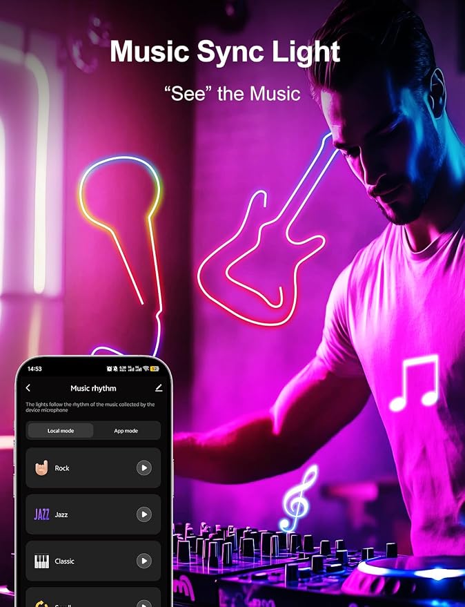 RGB+IC Neon Rope Lights, 16.4 ft Smart LED Rope Light with Music Sync, Works with Alexa, Google Assistant, Custom DIY Flexible Neon Strip Lights for Bedroom, Wall Decor (2.4G WiFi Only)