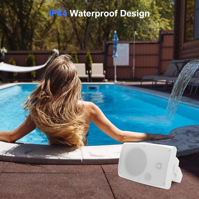 Herdio 4" Passive Outdoor Speakers Waterproof Wired, 200W Wall Mount Speakers with Superior Sound,Dual Swivel Brackets for Patio/Deck/Backyard (Pair, White)