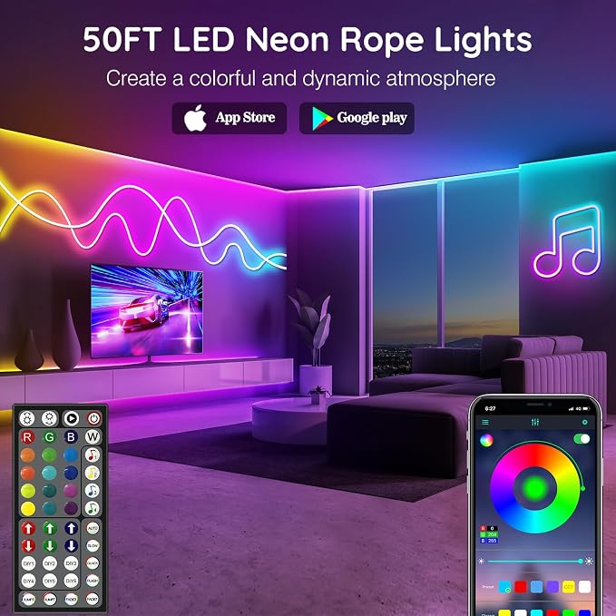 LETIANPAI 50Ft Neon Rope Lights,Flexible Led Rope Lights Control with App/Remote,Multiple Modes Music Sync Gaming RGB Led Neon Lights for Bedroom Outdoor