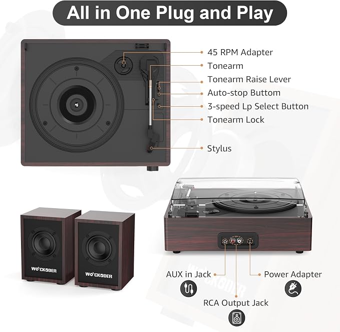 Record Player with External Bookshelf Speakers Belt-Drive Vintage Turntable for Vinyl Records Passive Dual Stereo Speakers LP Players 3 Speed Wireless AUX Headphone Auto Stop Retro Wooden Dark Red