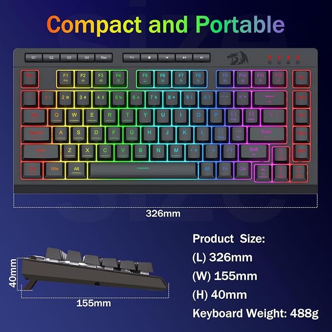 Redragon K524 Wired Gaming Keyboard, RGB Backlit, 75% Compact Quiet Membrane Keyboard with Programmable Macro and Multimedia Keys, Anti-ghosting, Spill Resistant for Win/MAC/PS/Xbox