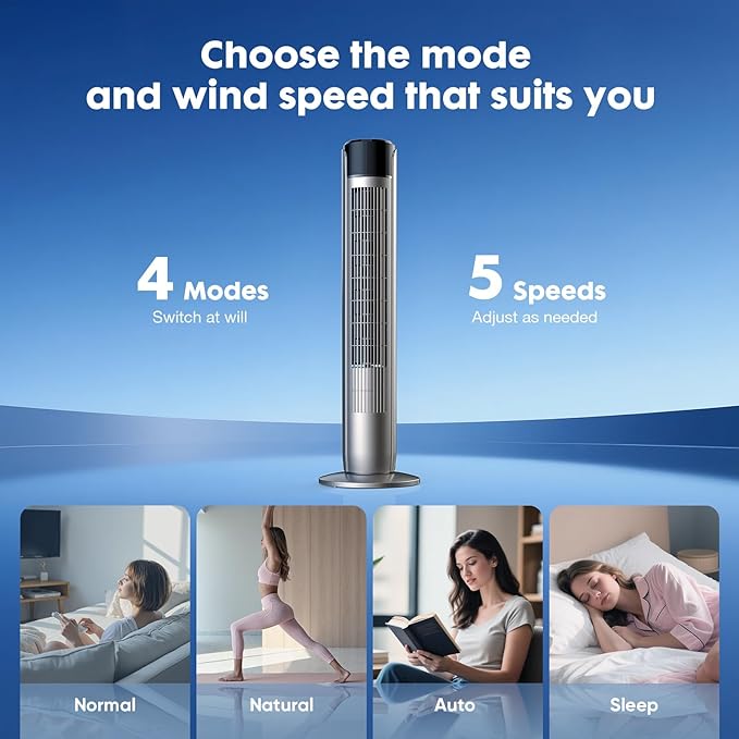 OLIXIS Tower Fan for Bedroom, 60°Oscillating Fan with Remote, 25ft Far, 28dB Quiet Electric Standing Fan, 12 H Timer, 5 Speeds, 4 Modes, Bladeless Floor fan for Home, Office, Indoor, 36 Inch