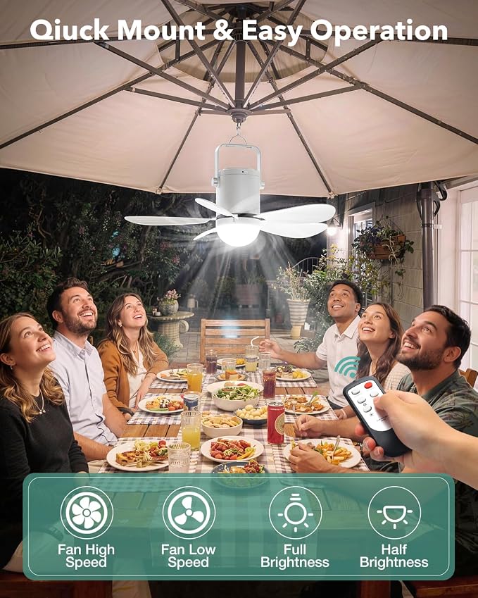 21” Solar Ceiling Fan Light, 35W Solar Powered Gazebo Fan with Remote Control, Rechargeable Battery Operated Portable Camping Fan Outside, for Tent Patio Greenhouse Porch Canopy Pergola