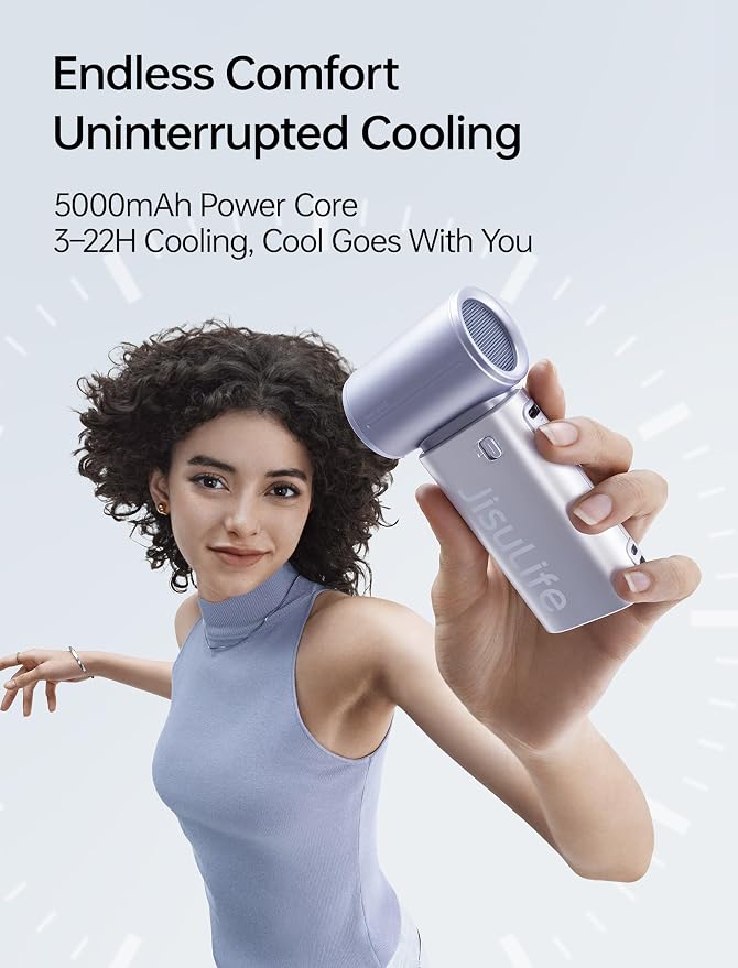 JISULIFE Mini Handheld Fan Life9S - Sleek Chrome: Turbo Power, 22 Hours Cooling, LED Display, 5000mAh, 5-Speed, Small Portable Fan for Travel, Cruise, Concerts, Trendy Gifts for Women Men-Blue