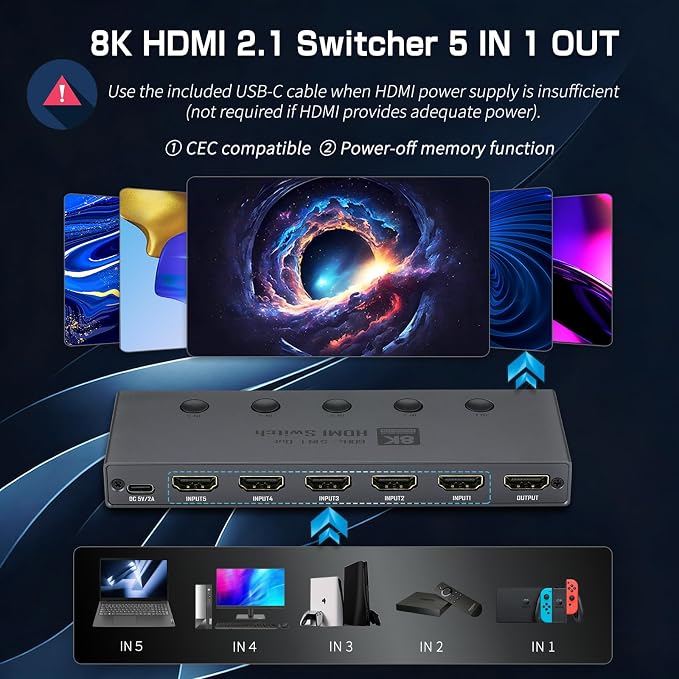 Enbuer 8K HDMI 2.1 Switch, HDMI 2.1 Switcher 5 in 1 Out Supports CEC 8K@60Hz, 4K@240Hz, 1080P@480Hz, HDCP 2.3 HDR 3D Dolby Atmos VRR Compatible with PS5 Xbox Blu-Ray Player with IR Remote Controller