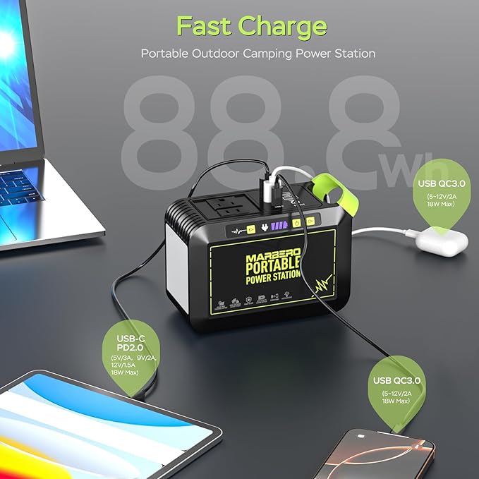 MARBERO 80W Solar Powered Generator with Panels 25W Included, 88.8Wh Portable Power Station with AC Outlet 120W Peak Fast Charging 110V for Camping Outdoor Home Backup Backup RVs